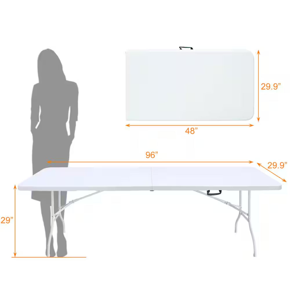 96 In. W Rectangle Iron Picnic Table Portable Folding Table for Picnics Parties High Load Bearing Foldable Table White