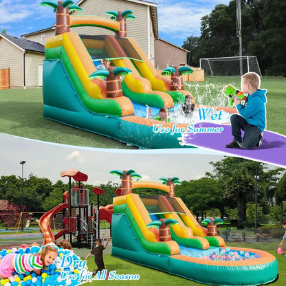 Backyard Inflatable Slides with Splash Pool - Tropical Slides with Water Pool or Ball Pit Bounce House Slides for Kids Outdoor