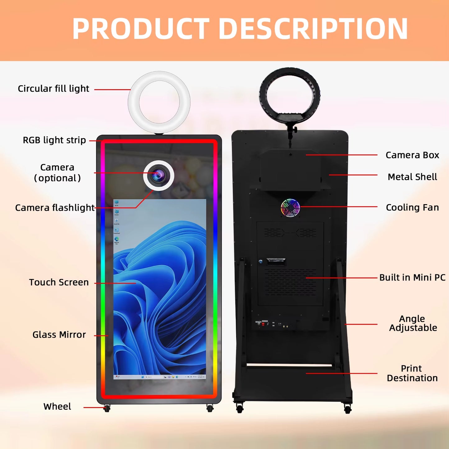 Portabl Magic Mirror Photo Booth 43 Inch Touch Screen Camera Photobooth with LED and Flight Case Selfie for Wedding Party Events