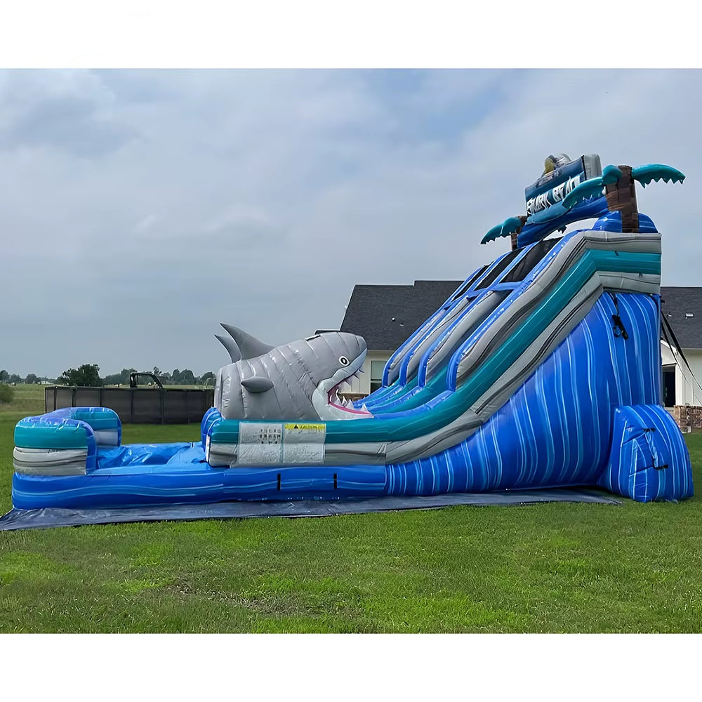 By Ship to Sea Port,Double Lanes Shark eme Inflatable Water Slide wi Pool for Commercial Rental