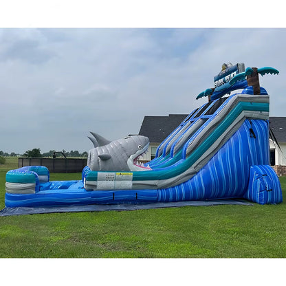 By Ship to Sea Port,Double Lanes Shark eme Inflatable Water Slide wi Pool for Commercial Rental