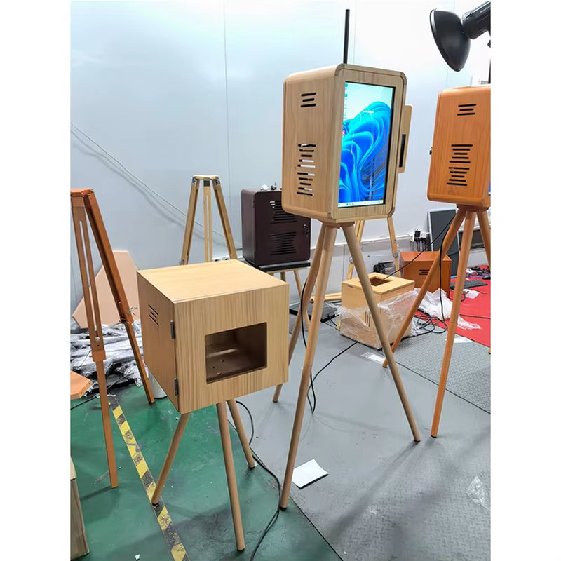 Double-Sided Retro Wooden Photo Booth with Touch Screen Printer Stand Compatible with DSLR Cameras and Ipad Flash Stand