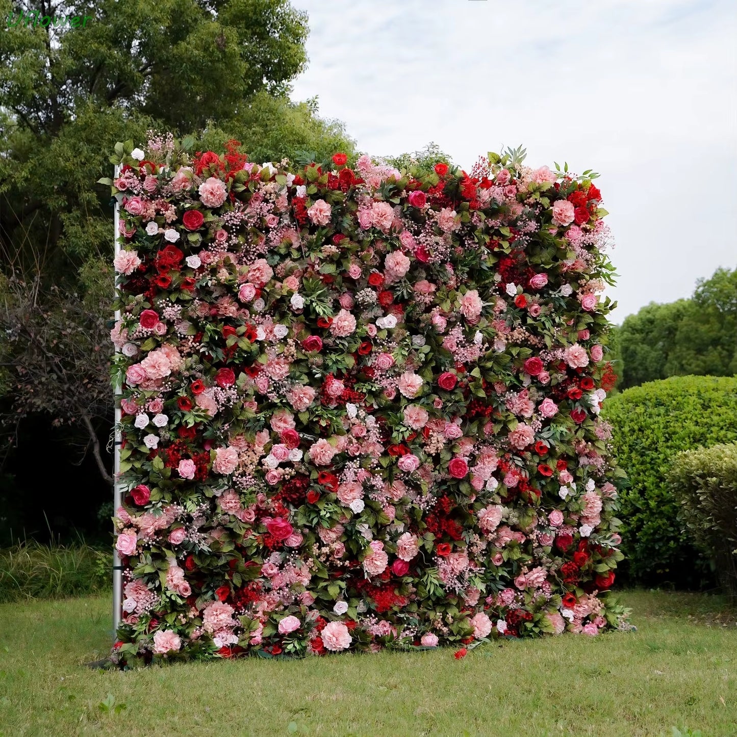 Artificial Flower Wall Roll-Up Green Fabric Floral Backdrop - Wedding Event Party Decor Curtain