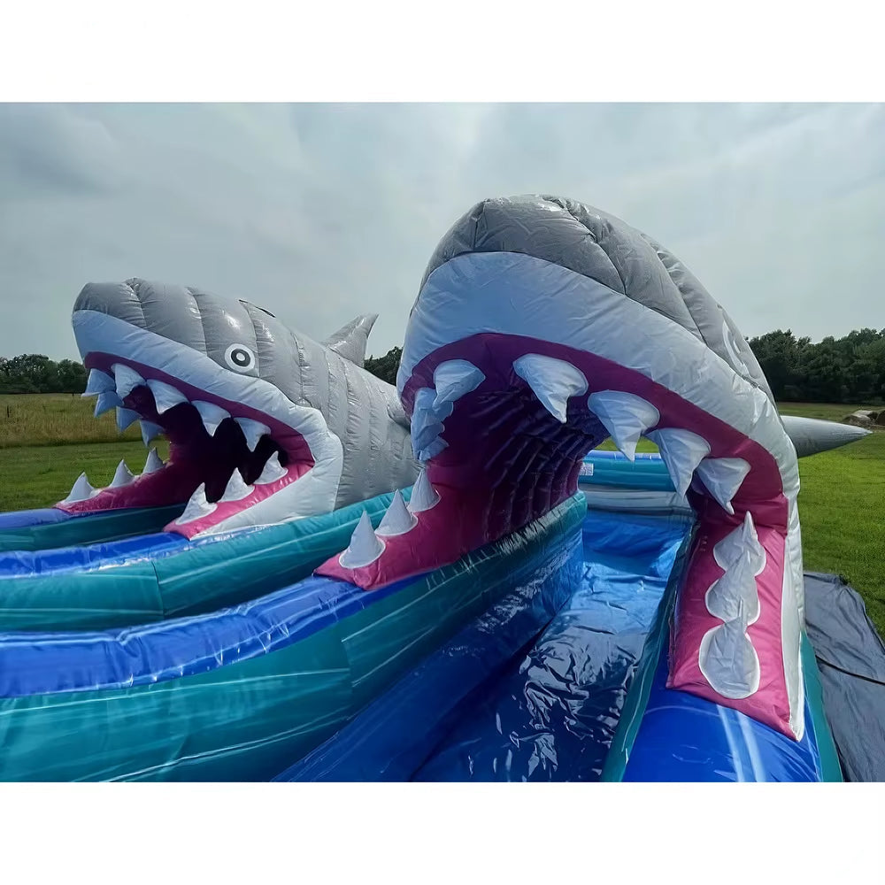 By Ship to Sea Port,Double Lanes Shark eme Inflatable Water Slide wi Pool for Commercial Rental