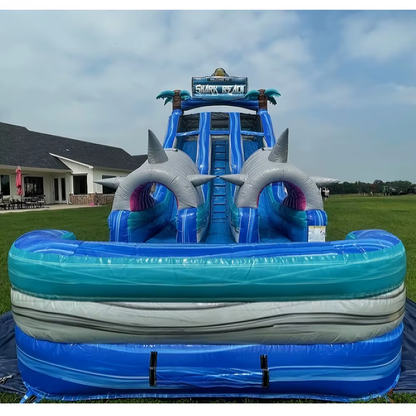 Double Lanes Shark Theme Inflatable Water Slide with Pool