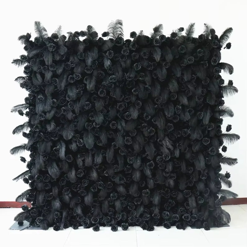 5D Black Feather Black Rose Artificial Flower Wall Cloth Fabric Wedding Party Photo Backdrop Wedding Event Decor Props