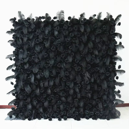 5D Black Feather Black Rose Artificial Flower Wall Cloth Fabric Wedding Party Photo Backdrop Wedding Event Decor Props