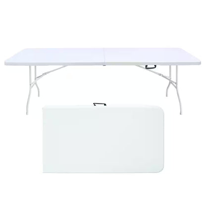 96 In. W Rectangle Iron Picnic Table Portable Folding Table for Picnics Parties High Load Bearing Foldable Table White