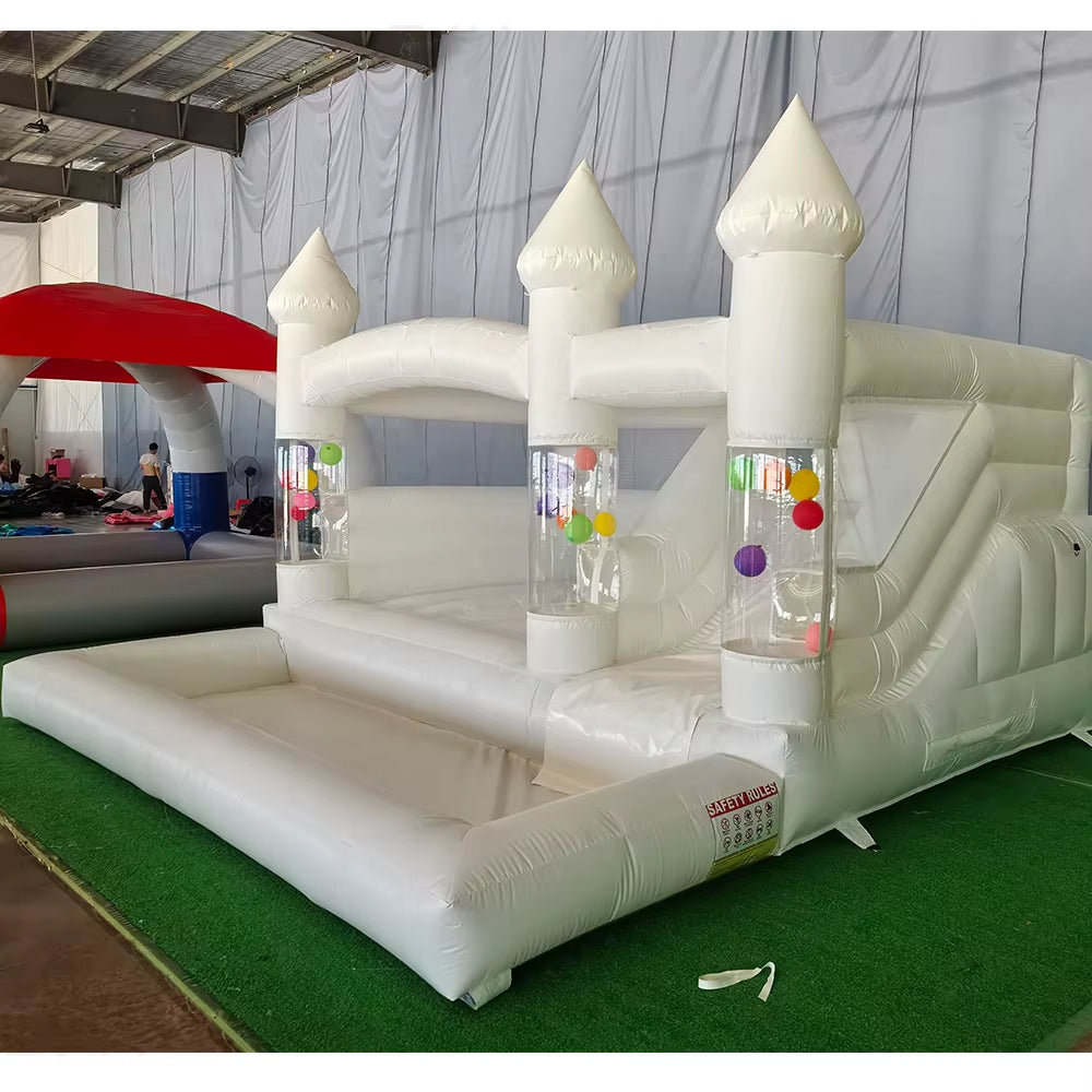 Newly 15Ft Inflatable Bounce House with Balloon Durable PVC White Jumping Castle with Slide, Ball Pit Bounce House for Party