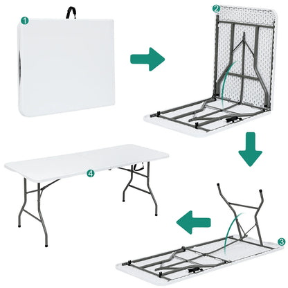 Folding Utility Table 6Ft Fold-In-Half Portable Plastic Picnic Party Dining Camp Table, White